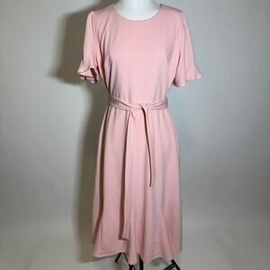 DKNY Pink Puff Sleeve Godet Hem Tie Belt Fit & Flare Midi Dress Womens Size 12